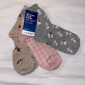 NWT!! Old Navy Quarter Crew Socks puppy Dog Love - 3 Pack